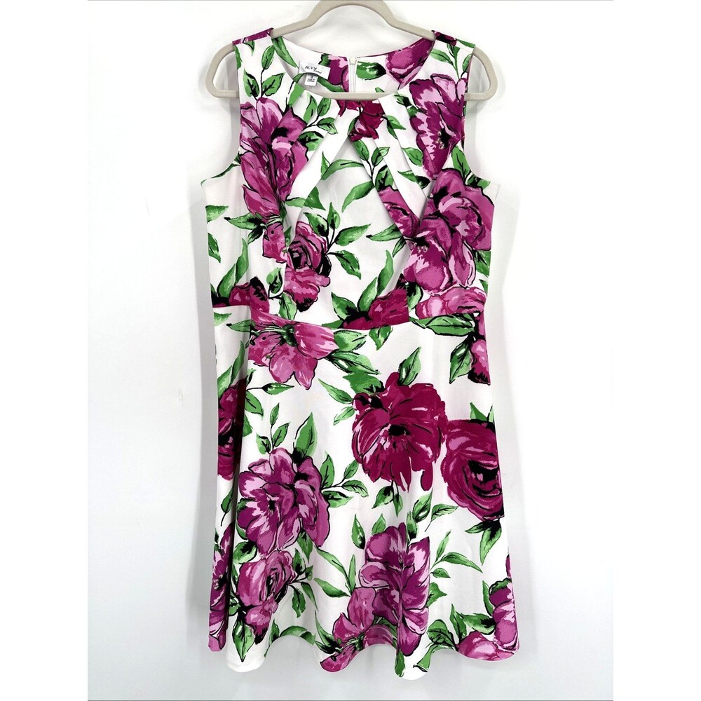 ALYX Dress Sz 18 White Purple Floral Garden Party Fit and Flare Sleeveless